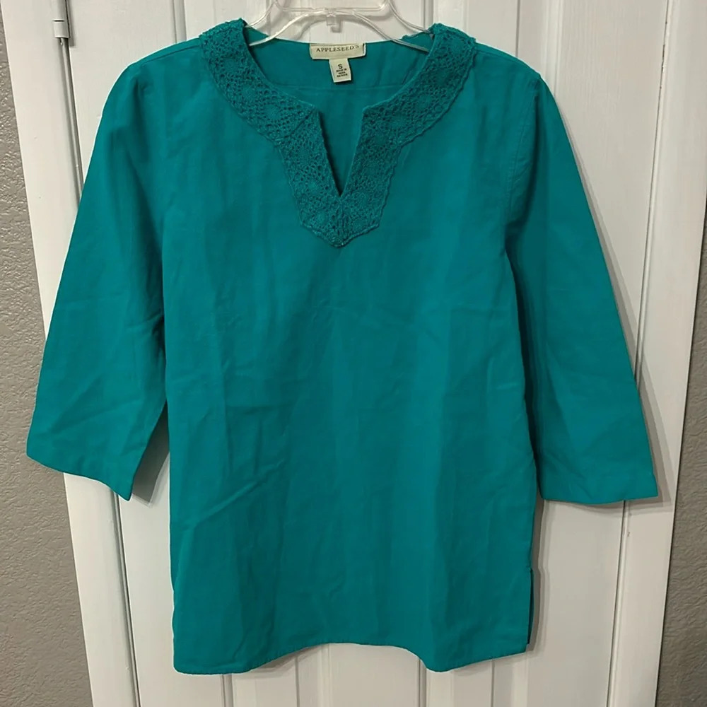 Appleseeds Women’s (S) Turquoise Green Lace Trim Tunic Easy Breezy 3 Qtr Sleeve
